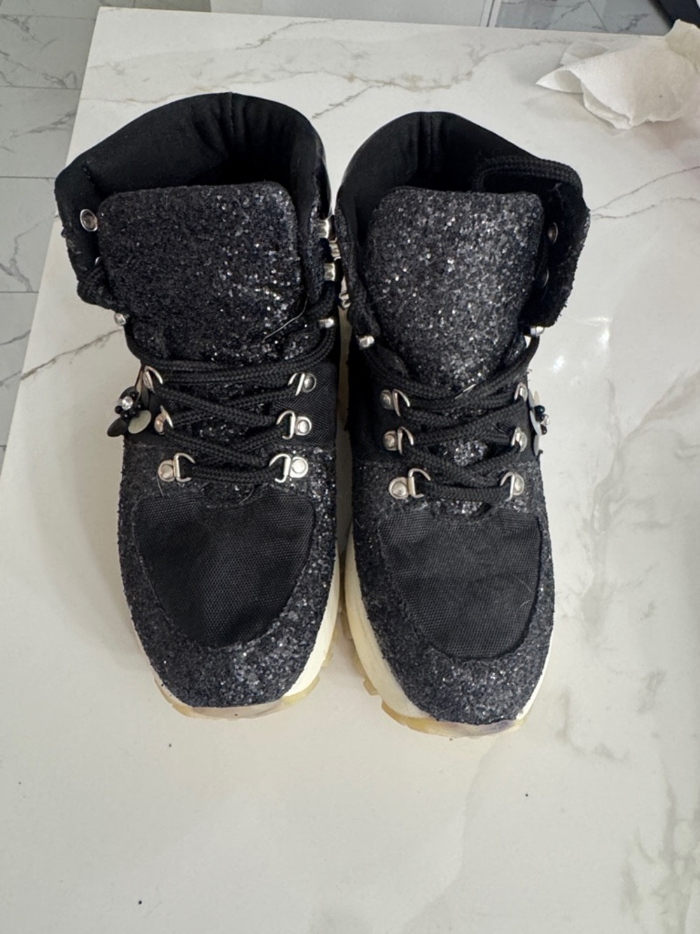Betsey Johnson Black Glitter Lace-Up High Top Sneakers